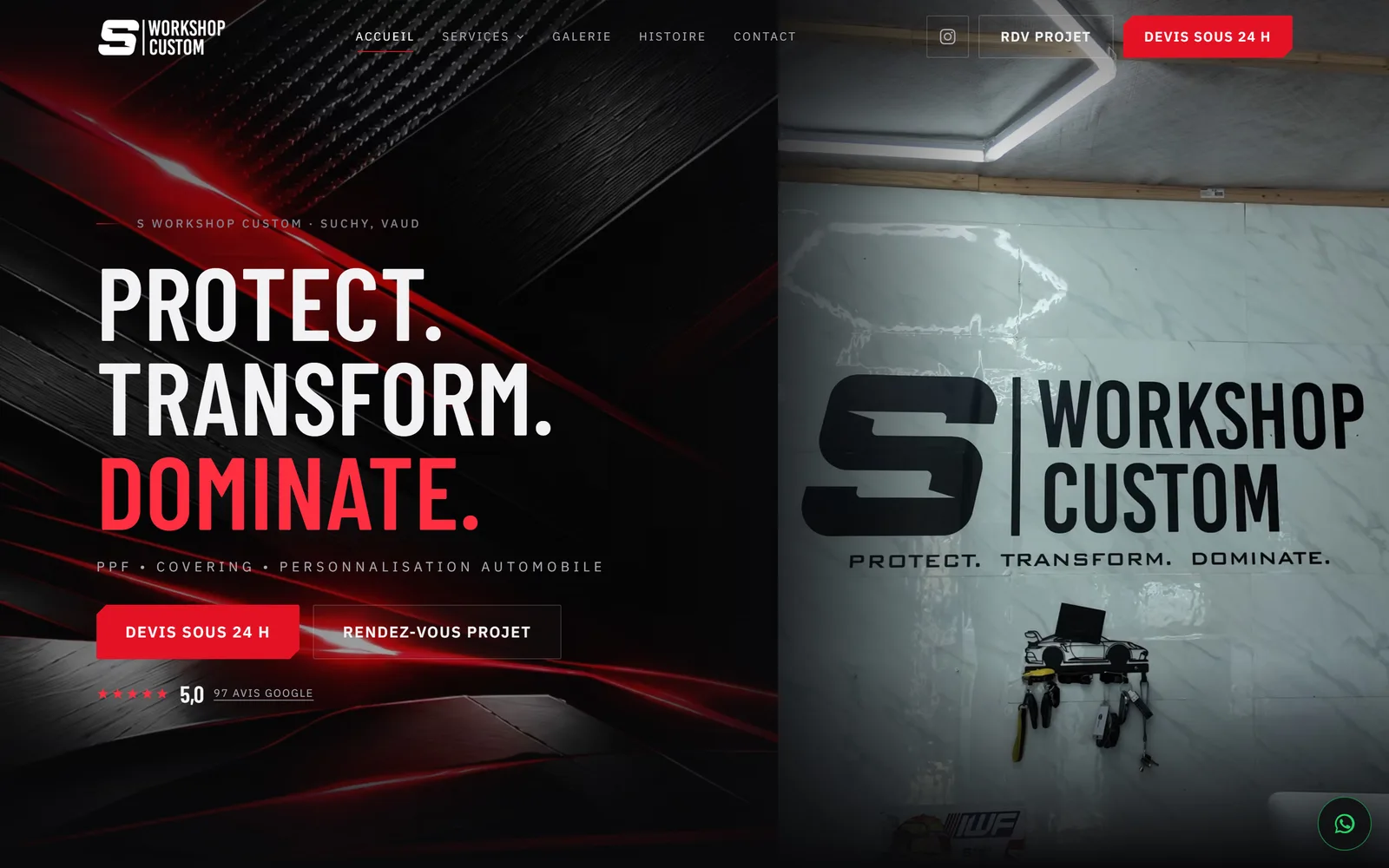 Page d'accueil de sworkshopcustom.ch : la devise Protect. Transform. Dominate., les accès au devis et au rendez-vous projet, et la vidéo de l'atelier.