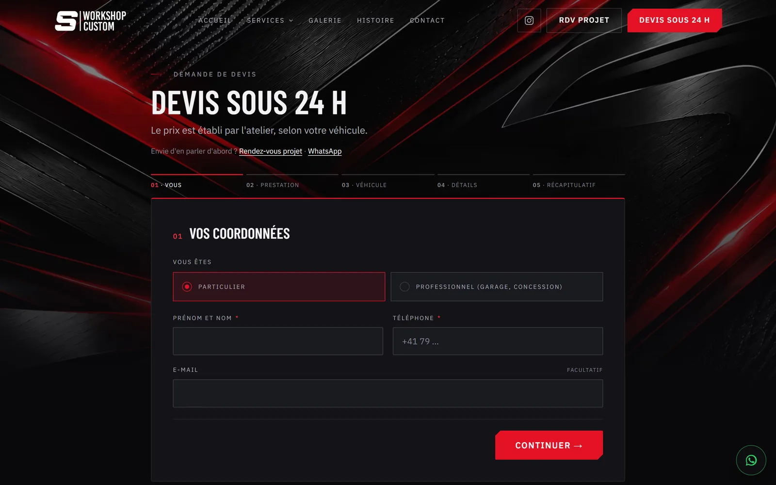Formulaire de demande de devis de S Workshop Custom, étape 1 sur 5 : les coordonnées du client, particulier ou professionnel, avant la prestation, le véhicule, les détails et le récapitulatif.