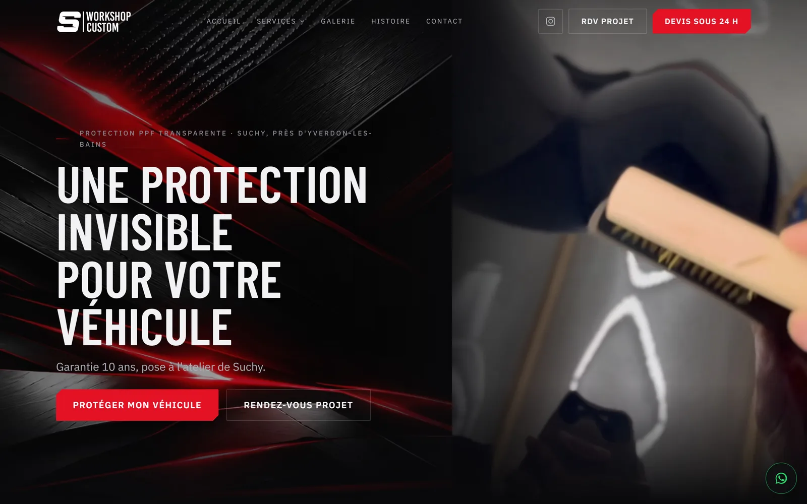 Page de la prestation PPF transparente sur sworkshopcustom.ch : le titre Une protection invisible pour votre véhicule, avec les accès au devis et au rendez-vous projet.