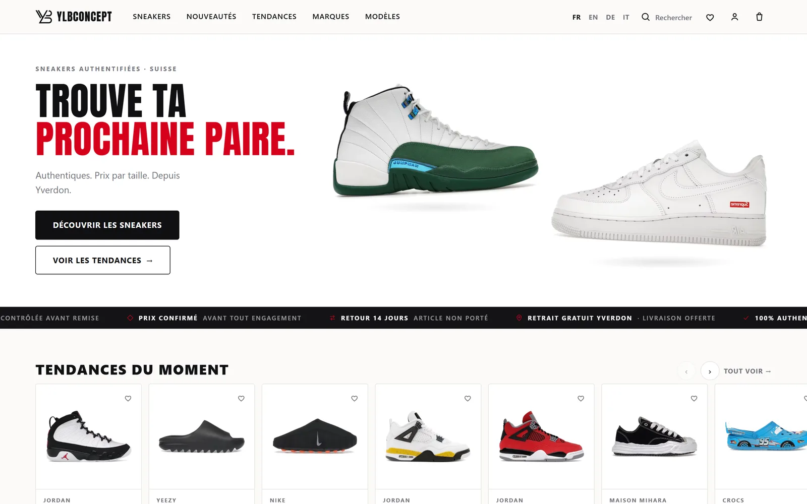 Page d'accueil de ylbconcept.ch : l'accroche Trouve ta prochaine paire, les accès au catalogue et aux tendances, le bandeau des garanties et les tendances du moment.