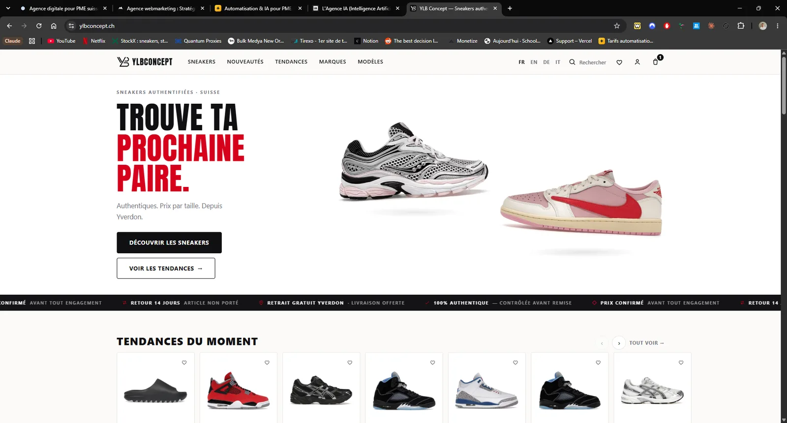 Page d'accueil de la boutique YLB Concept, avec les tendances du moment et le bandeau des garanties : authenticite controlee, prix confirme avant engagement, retrait gratuit a Yverdon.