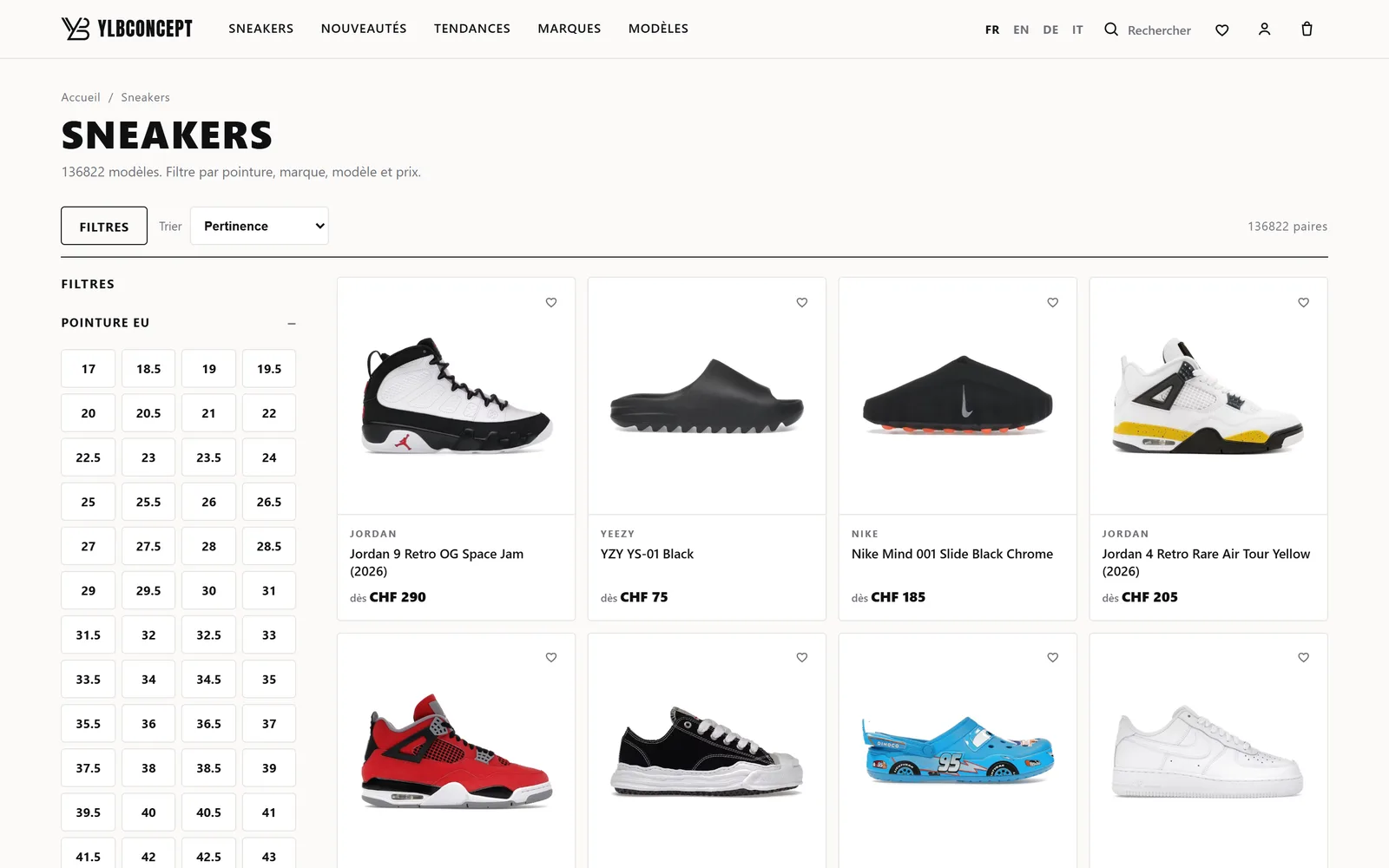 Catalogue Sneakers de YLB Concept : le nombre de modèles, le filtre par pointure EU et la grille des produits avec leur prix d'entrée.