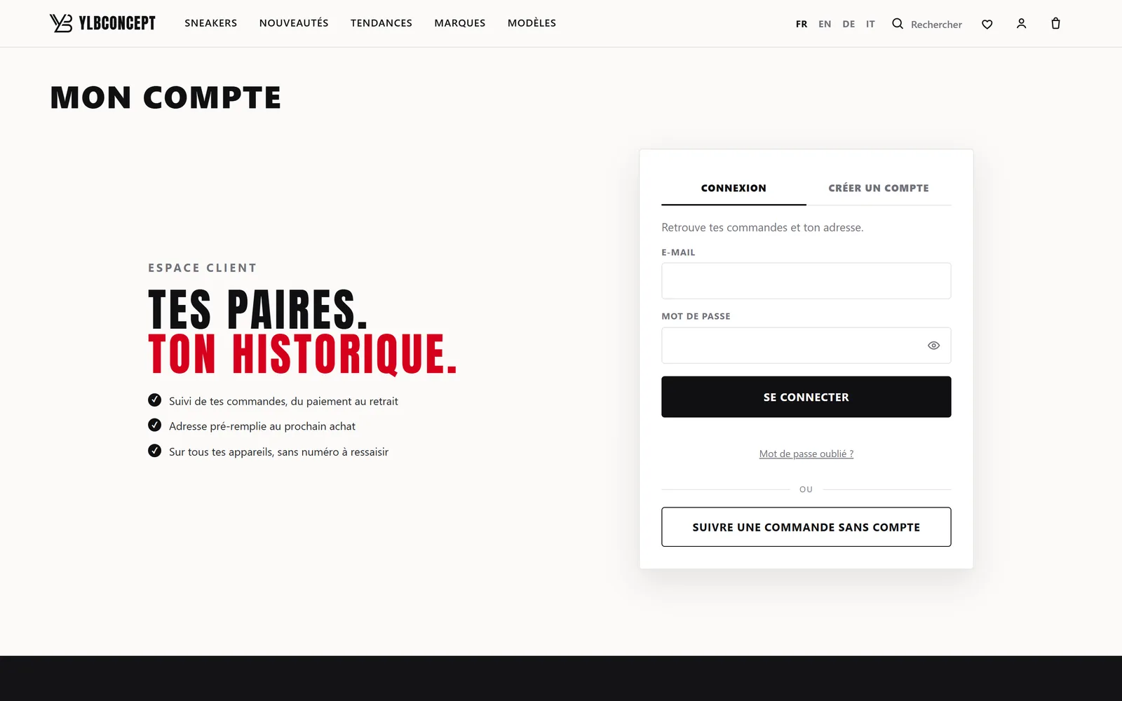 Espace client de YLB Concept : connexion ou création de compte, suivi des commandes, adresse pré-remplie, et suivi d'une commande sans compte.
