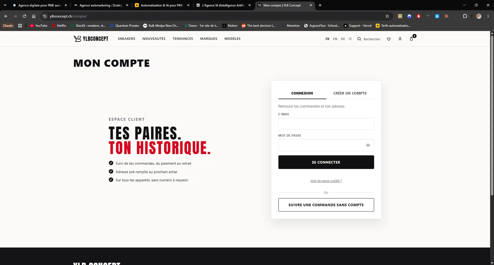 Espace client de YLB Concept : connexion, historique de commandes, adresse pre-remplie, et suivi d'une commande sans compte.