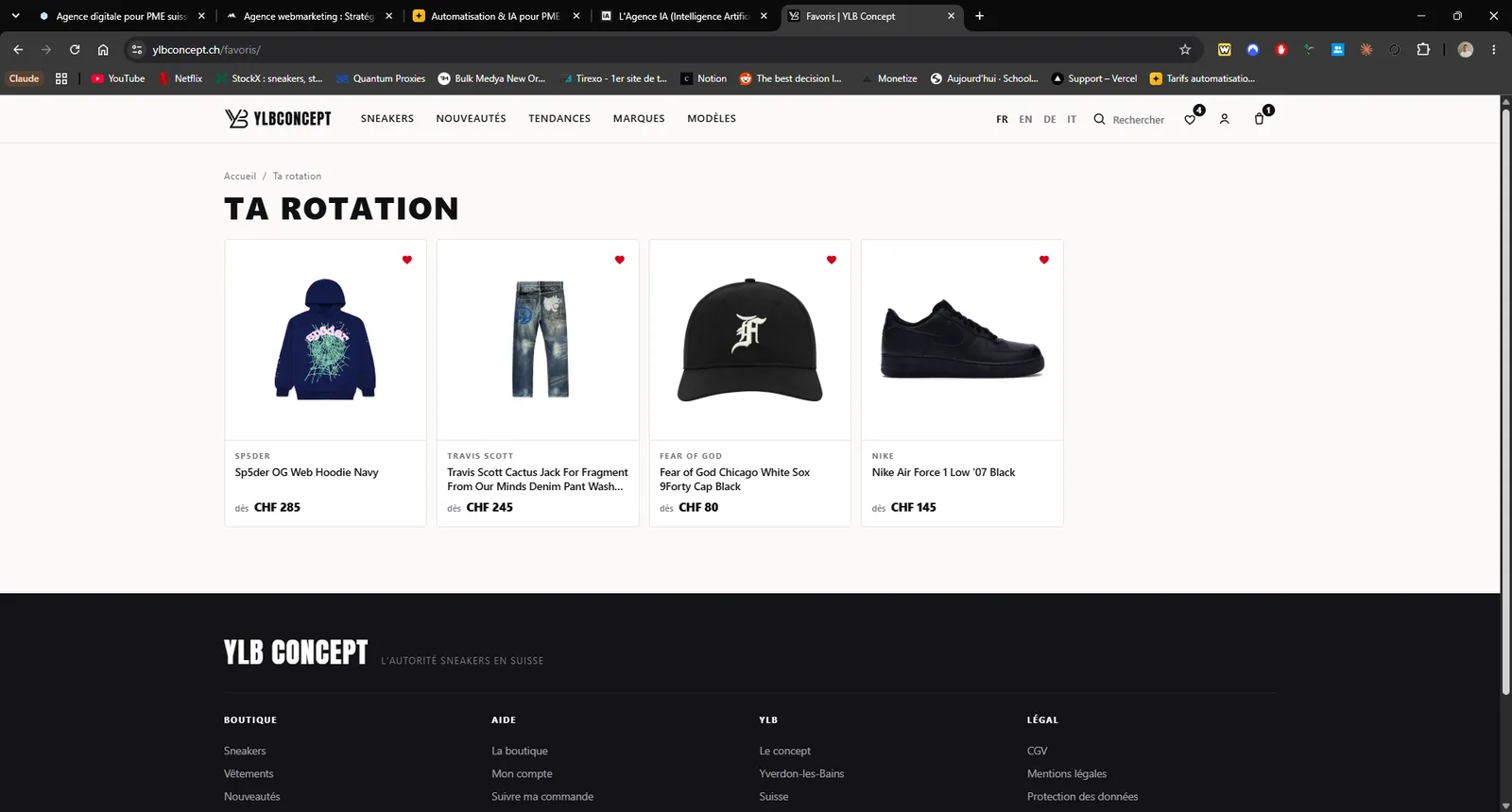 Liste de favoris de YLB Concept, appelee Ta rotation : les articles mis de cote par le client avec leur prix d'entree.