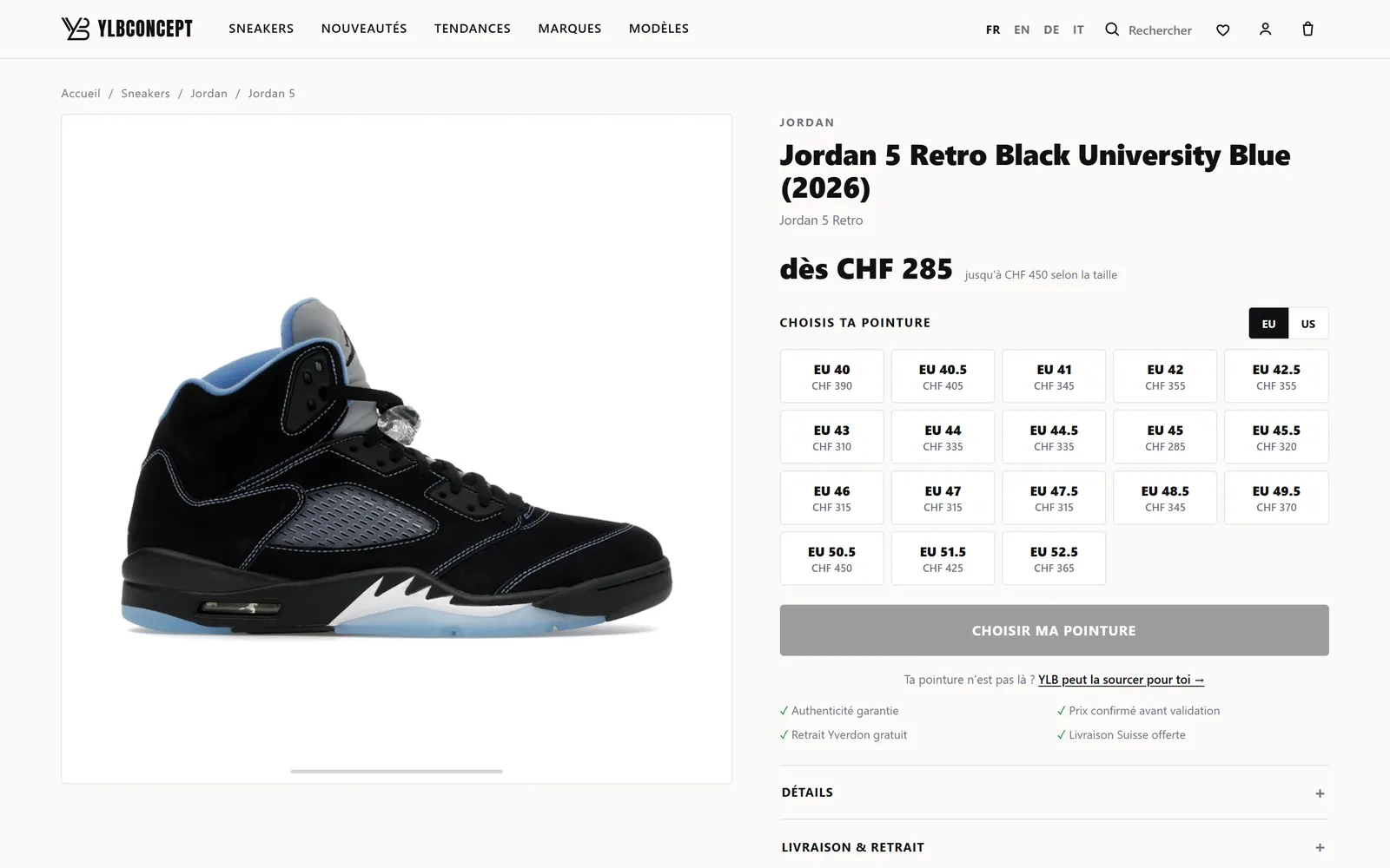 Fiche produit de YLB Concept : la Jordan 5 Retro Black University Blue, avec le prix réel de chacune de ses dix-huit pointures.