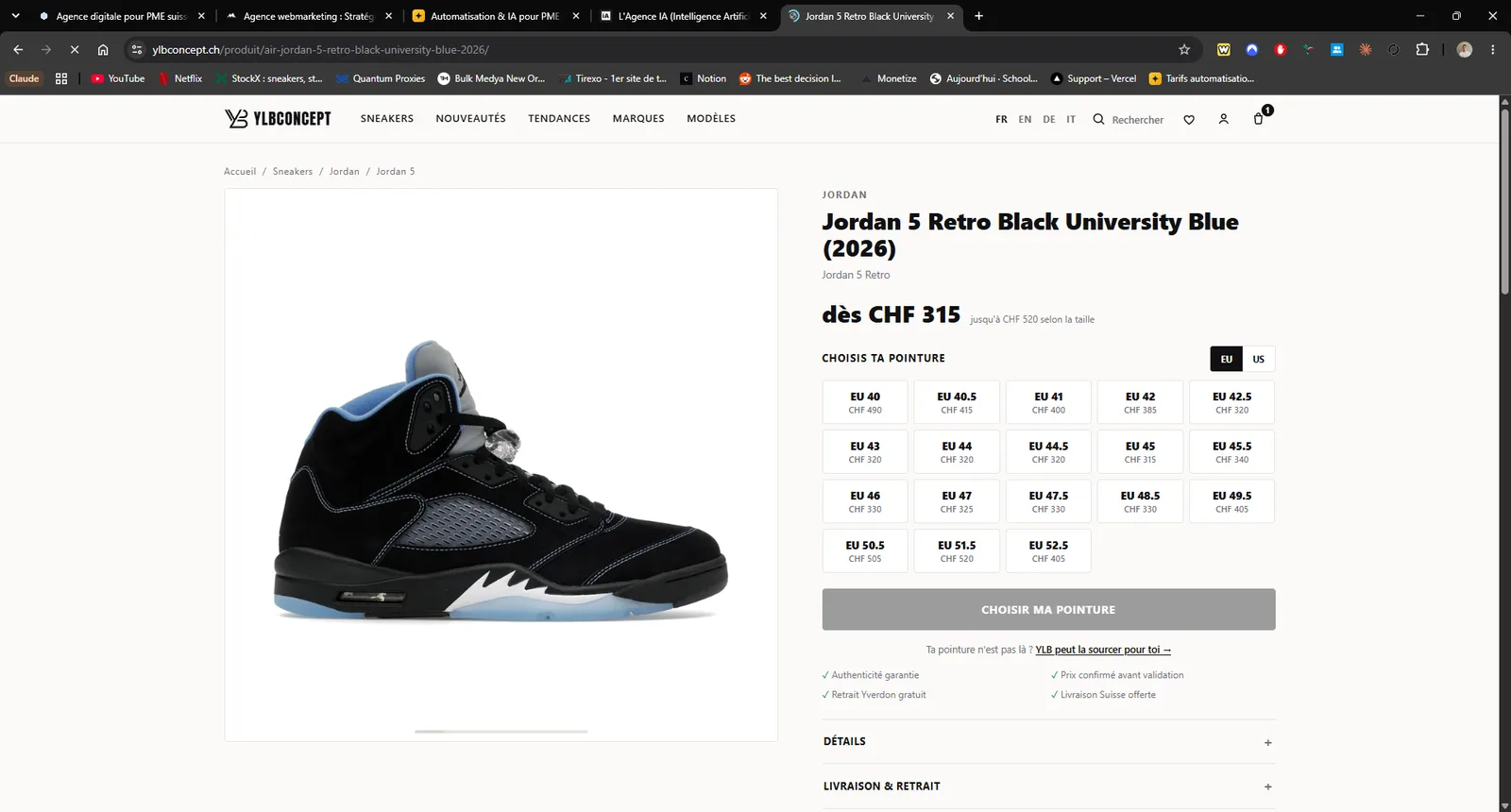 Fiche produit YLB Concept : la Jordan 5 Retro Black University Blue avec le prix reel de chacune de ses dix-huit pointures, de CHF 315 a CHF 520.