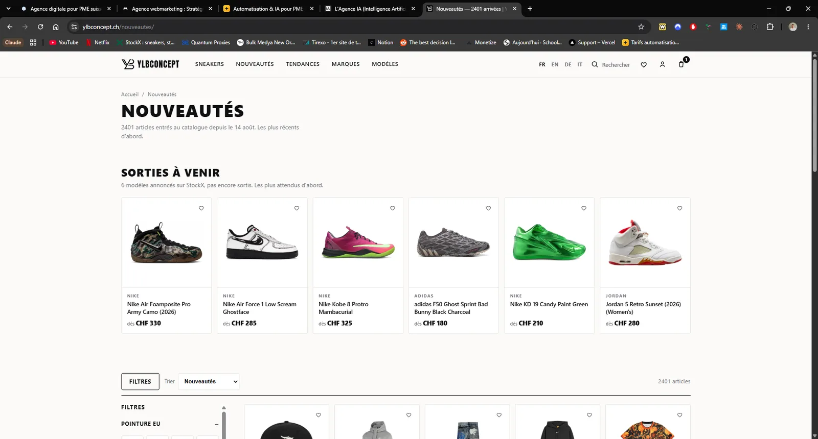 Page Nouveautes de YLB Concept : le compteur d'articles entres au catalogue et la section des sorties a venir annoncees mais pas encore disponibles.